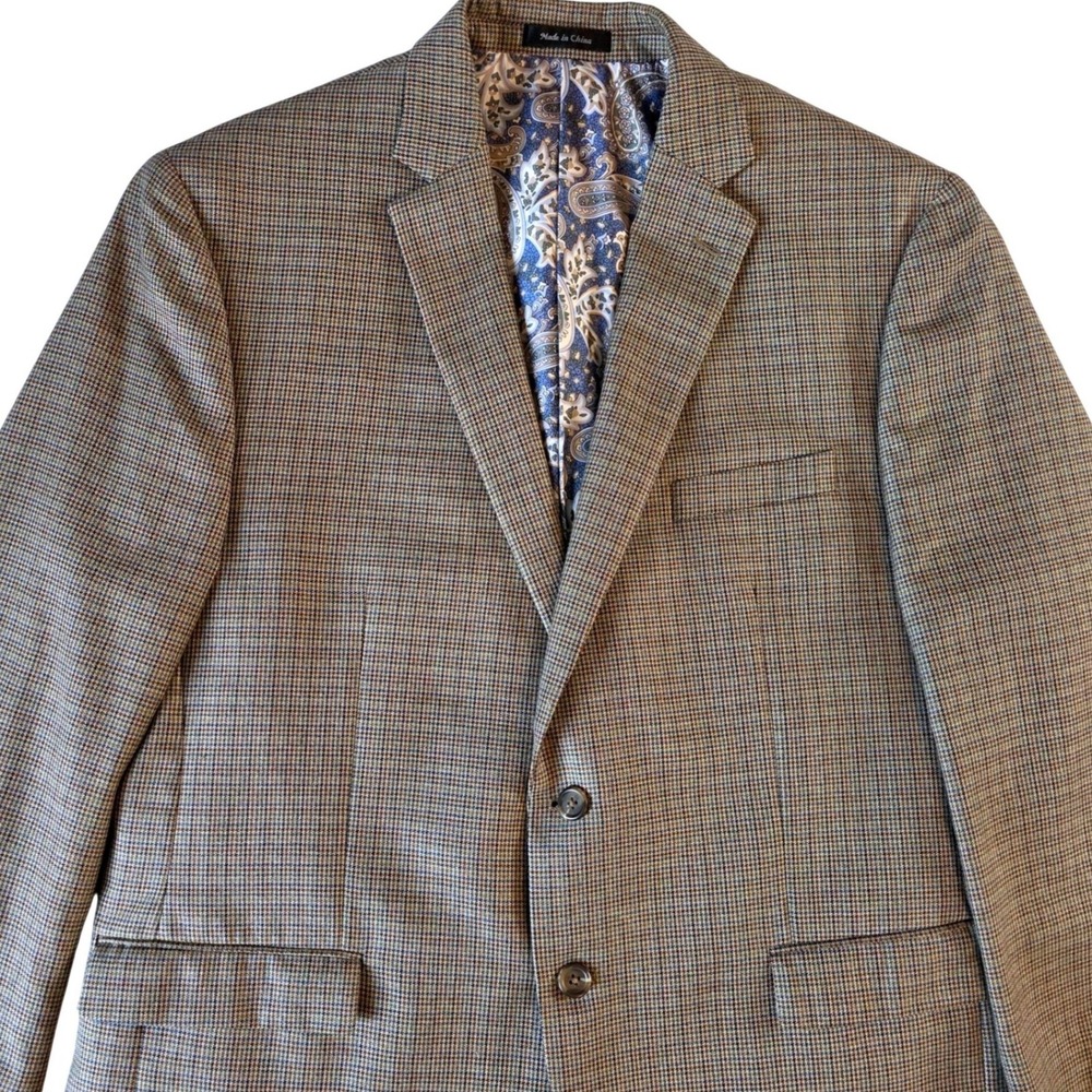 L Ralph Lauren Mens 46R Blazer Brown Houndstooth Paisley Sport Coat Rayon Blnd